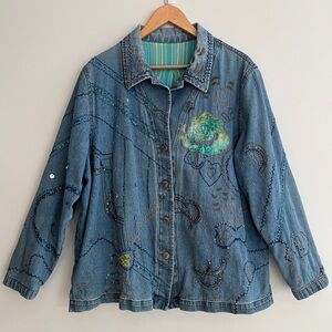 DENIM Jacket Lined Applique Floral Velvet Embroidered Sequin Embellished Boho